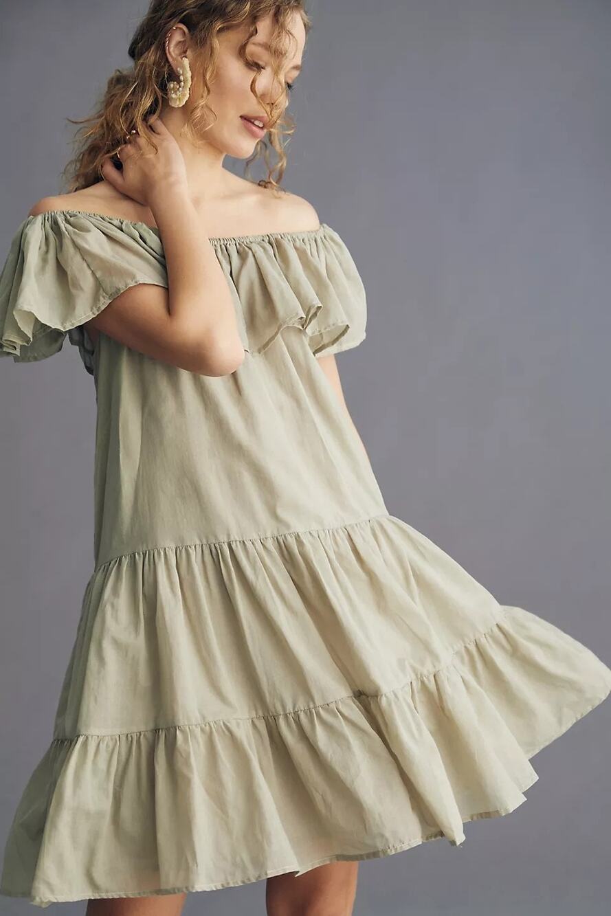 New Anthropologie Erika Pena Off-The-Shoulder Tiered Mini Dress $210 XS/S Moss